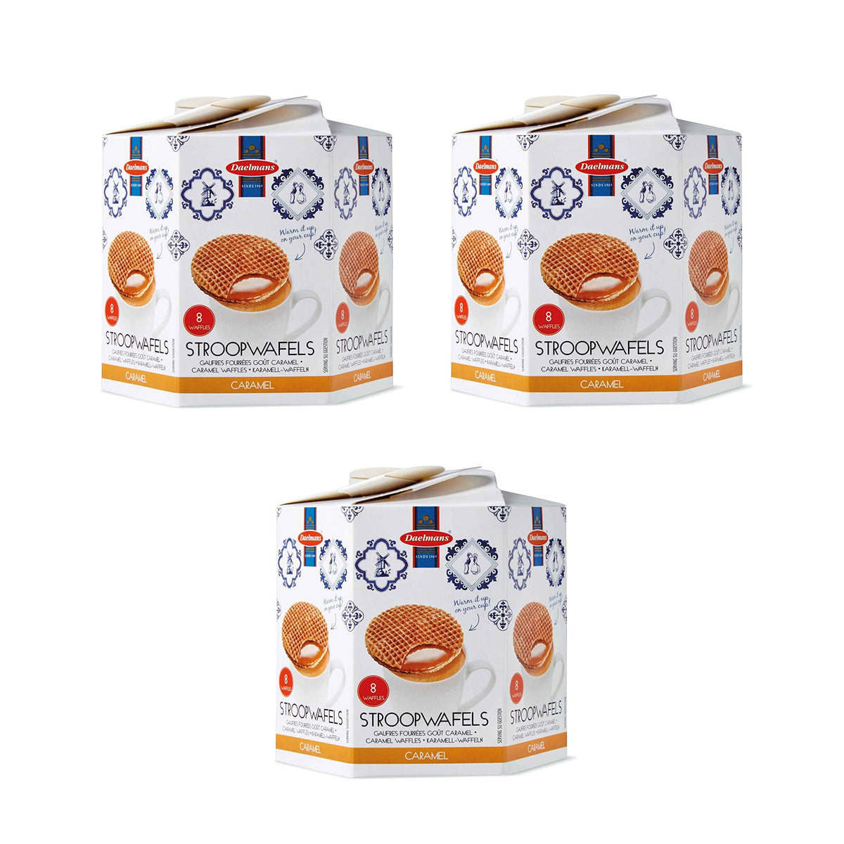 Daelmans 3-pack box of caramel stroopwafels, ideal for gifting.