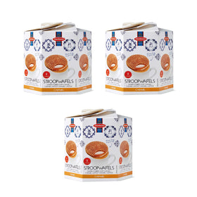 Daelmans 3-pack box of caramel stroopwafels, ideal for gifting.