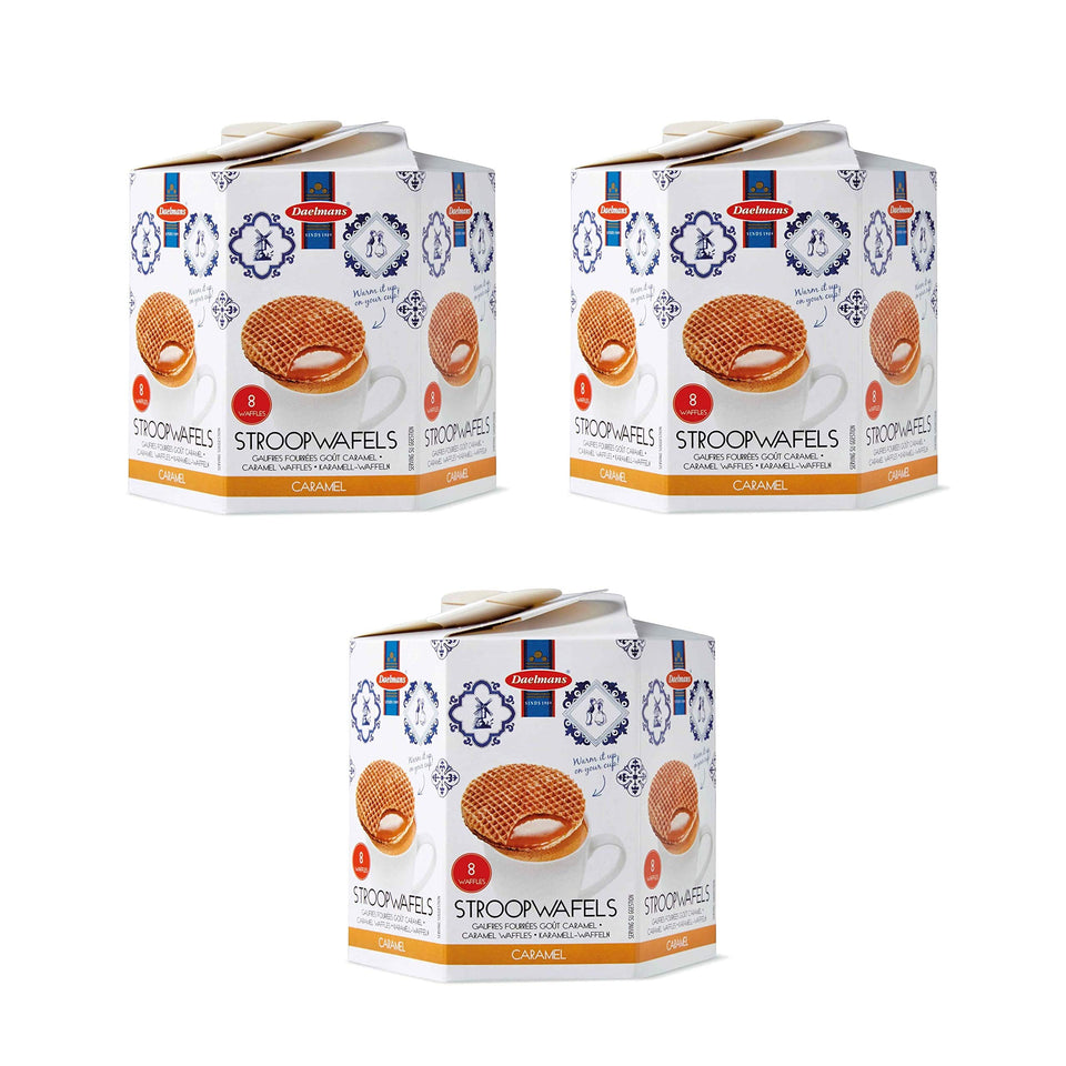 Daelmans 3-pack box of caramel stroopwafels, ideal for gifting.