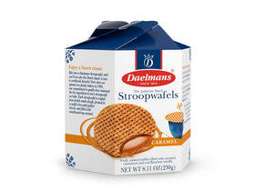 Daelmans caramel-filled Stroopwafels close-up, rich caramel center.