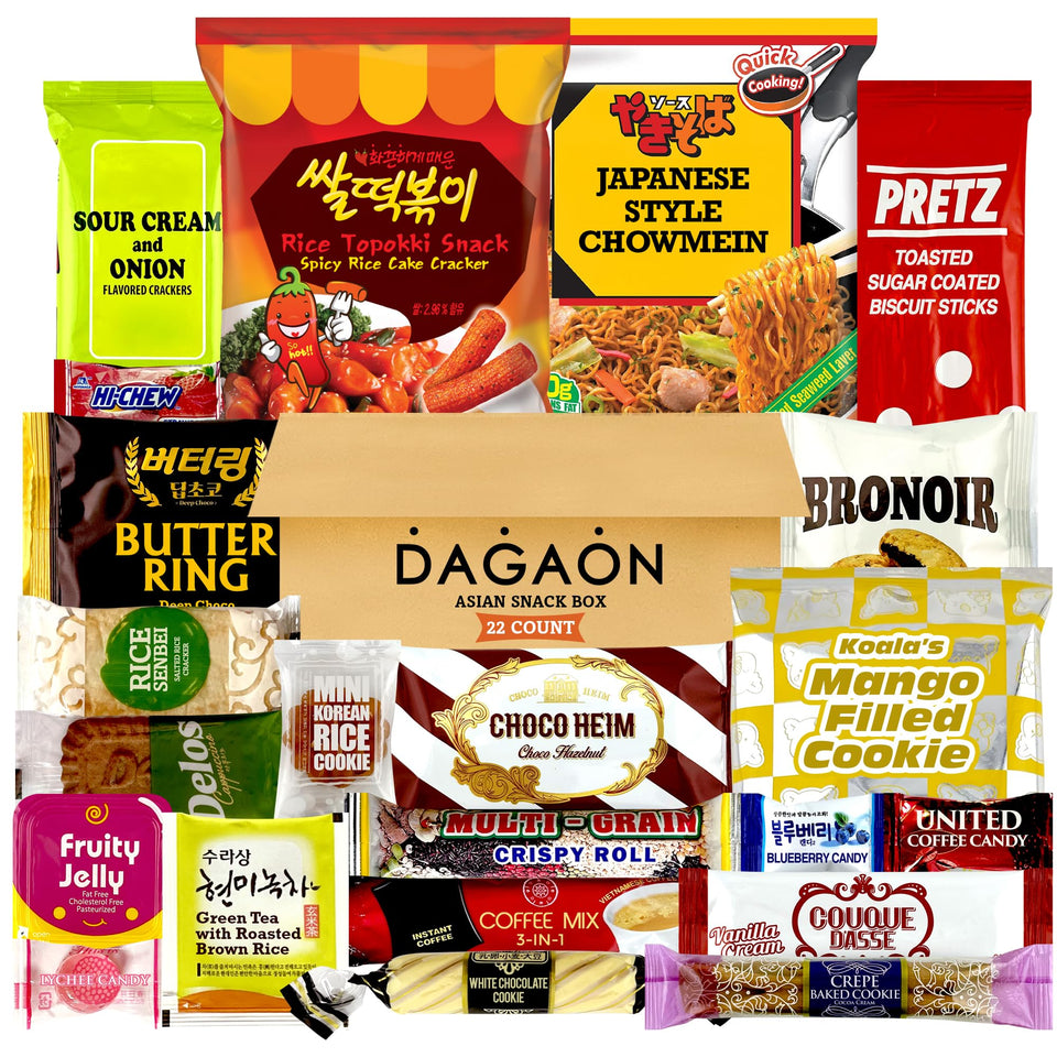 Dagaon Asian Snack Box collection with 22 treats, ideal for sharing.