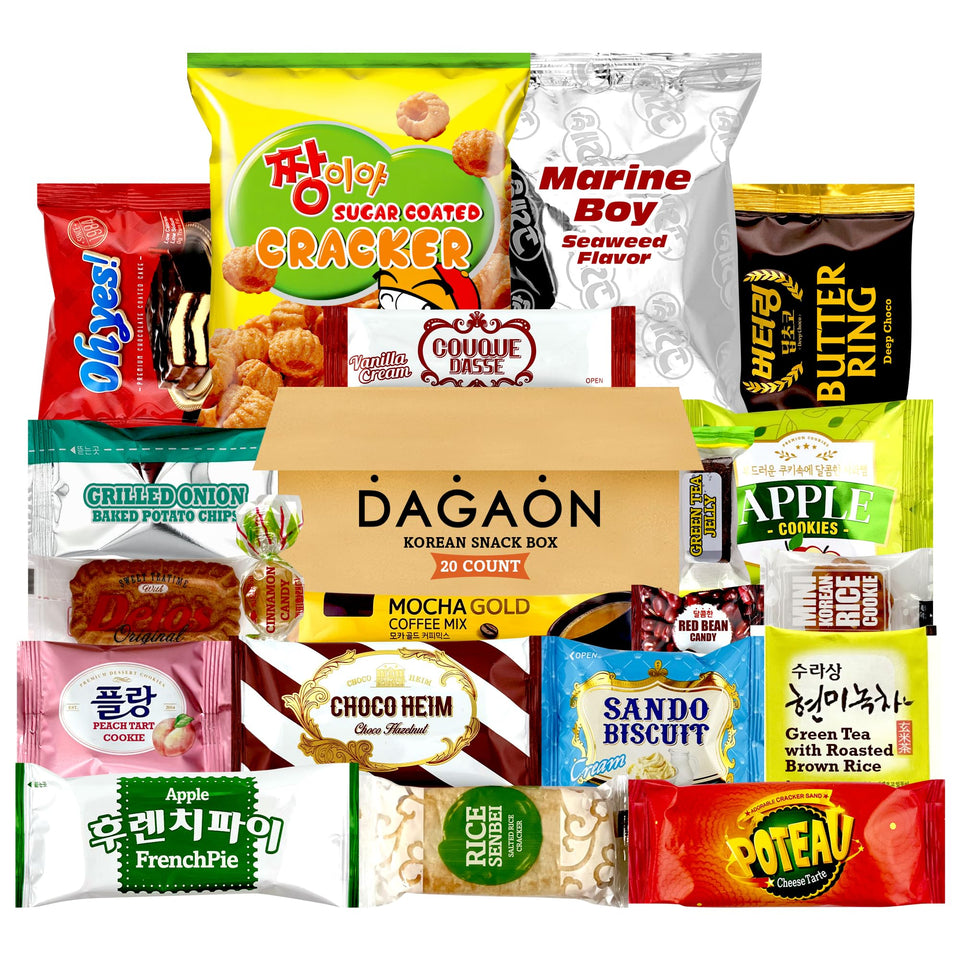 Dagaon Korean Snack Box packaging shows a 20-count assortment for gifting