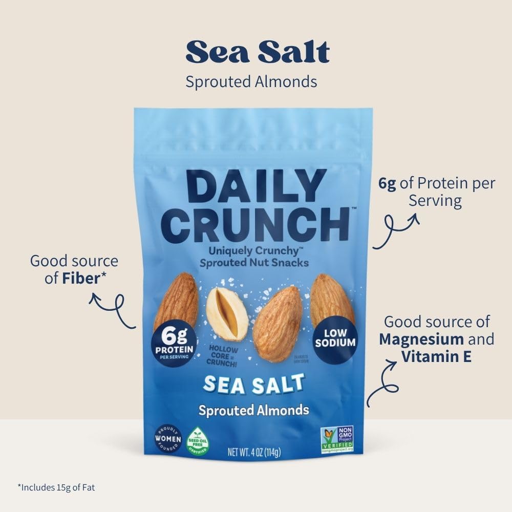 Daily Crunch dehydrated nuts snack closeup, crisp bites with no oil.