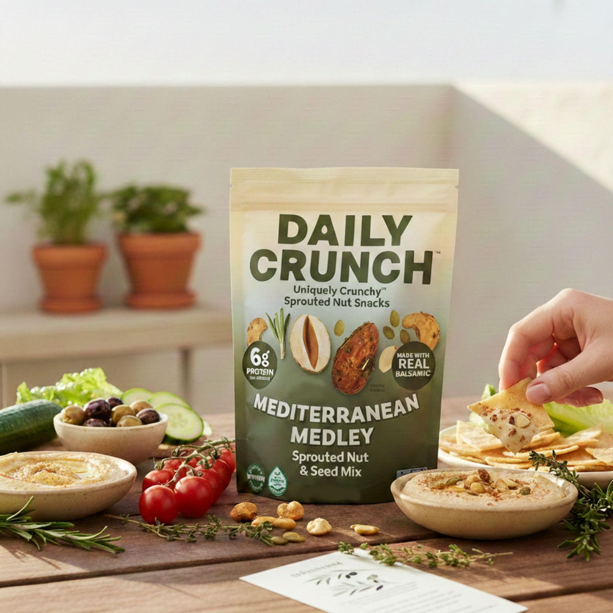 Daily Crunch non-GMO ingredients badge highlights clean label