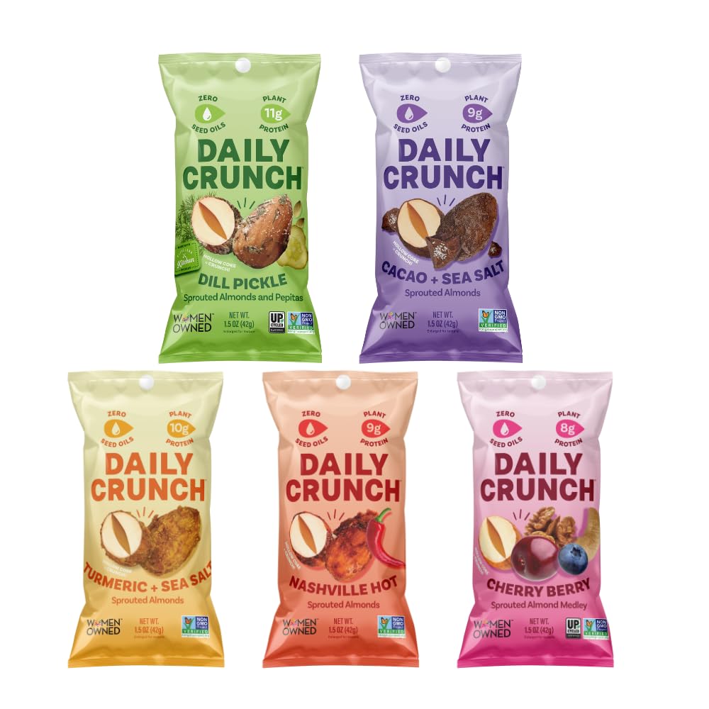 Daily Crunch sprouted almonds mini bag front shows portable snack for on-the-go energy