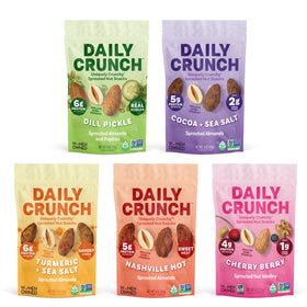 Daily Crunch Sprouted Almonds 4oz resealable bag displayed for on-the-go snacking.