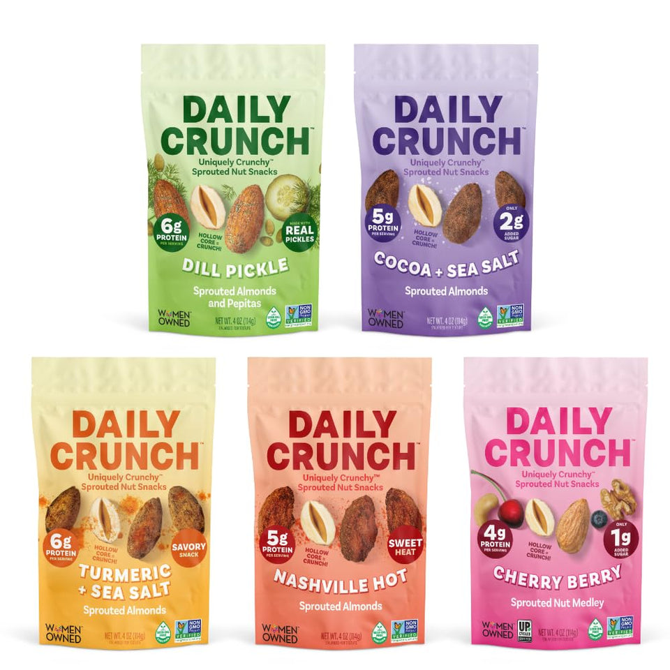 Daily Crunch Sprouted Almonds 4oz resealable bag displayed for on-the-go snacking.