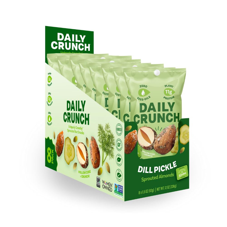 Daily Crunch sprouted almonds bag-front image highlighting on-the-go protein and crisp bite