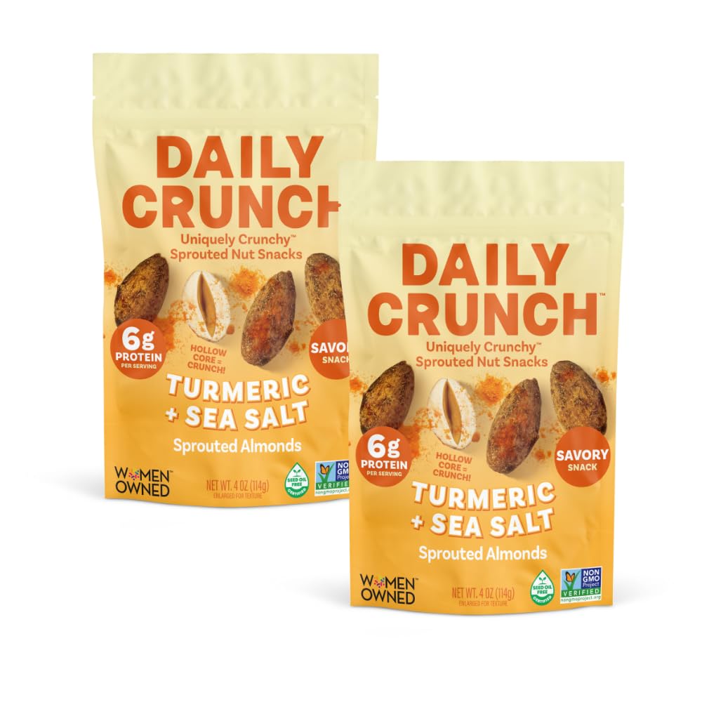 Daily Crunch sprouted almonds close-up showing airy crunch and protein boost.