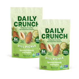 Daily Crunch sprouted almonds in dill pickle flavor, high-protein on-the-go snack.