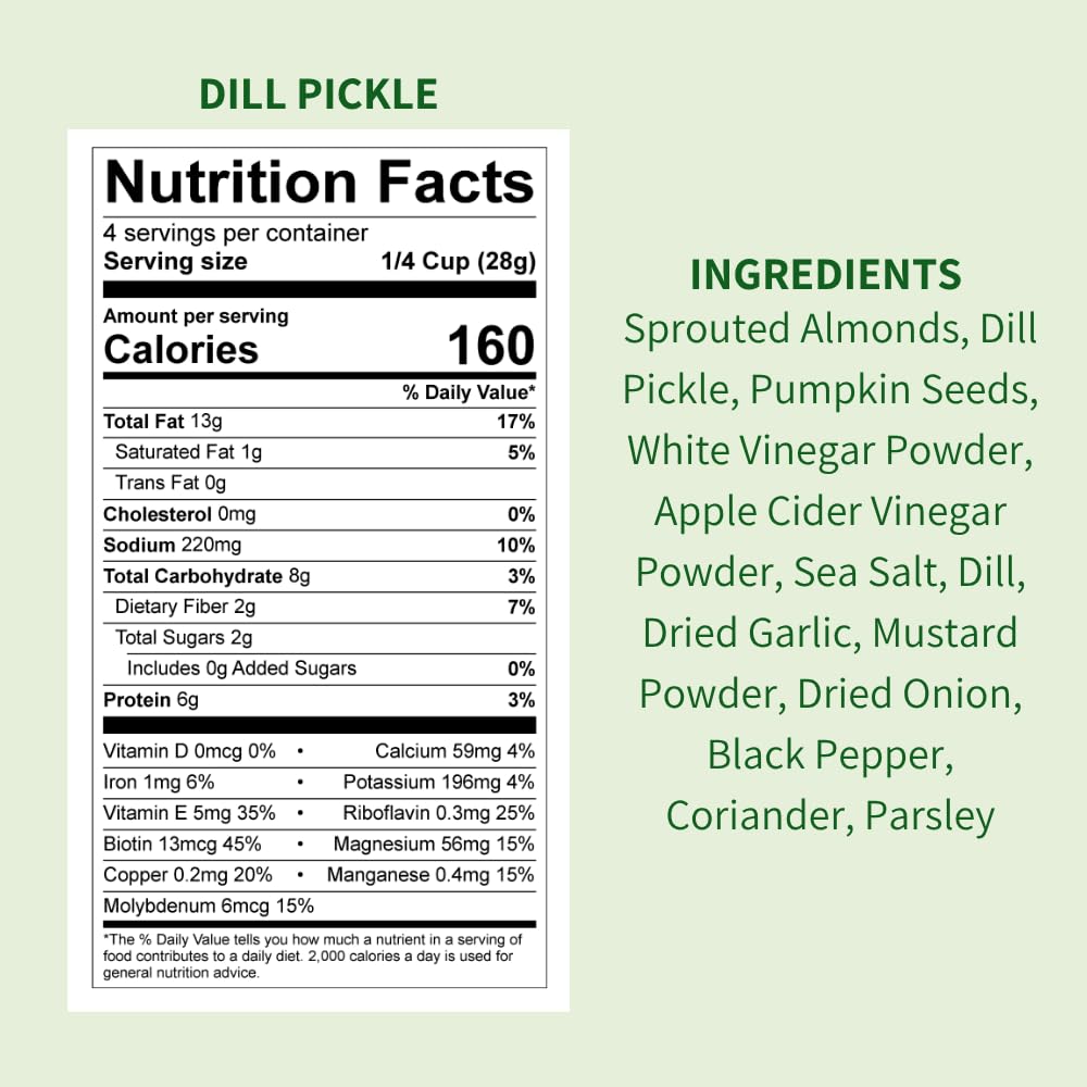 Daily Crunch sprouted almonds in dill pickle flavor close-up, crisp texture.