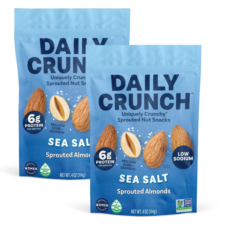 Daily Crunch sprouted almonds sea salt packshot, ideal for on-the-go snacking.