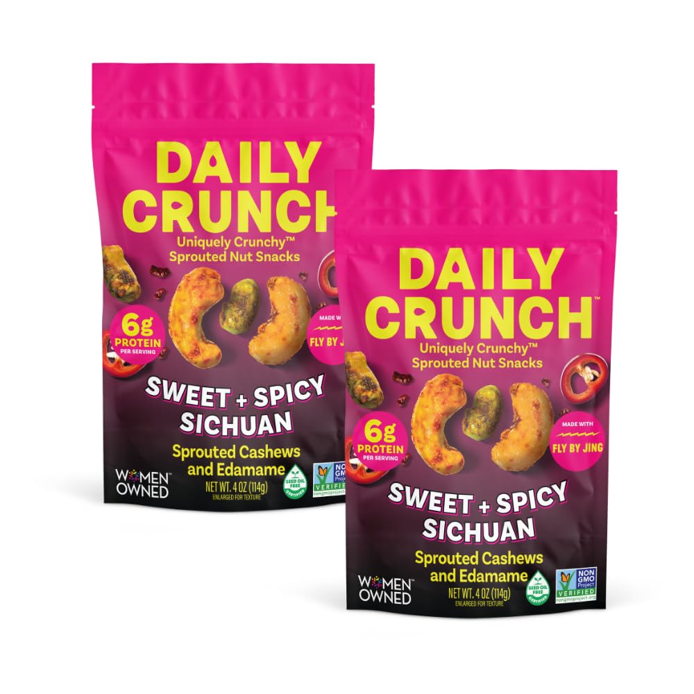Daily Crunch sprouted cashews on the pack front highlight a convenient, healthy on-the-go snack.