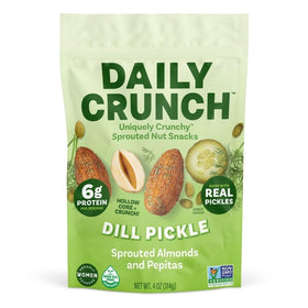 Daily Crunch sprouted dill pickle almonds and pepitas in bag, ideal for on-the-go snacking.