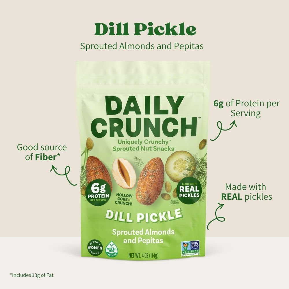 Daily Crunch sprouted almonds and pepitas in pouch, ideal for hiking and travel.