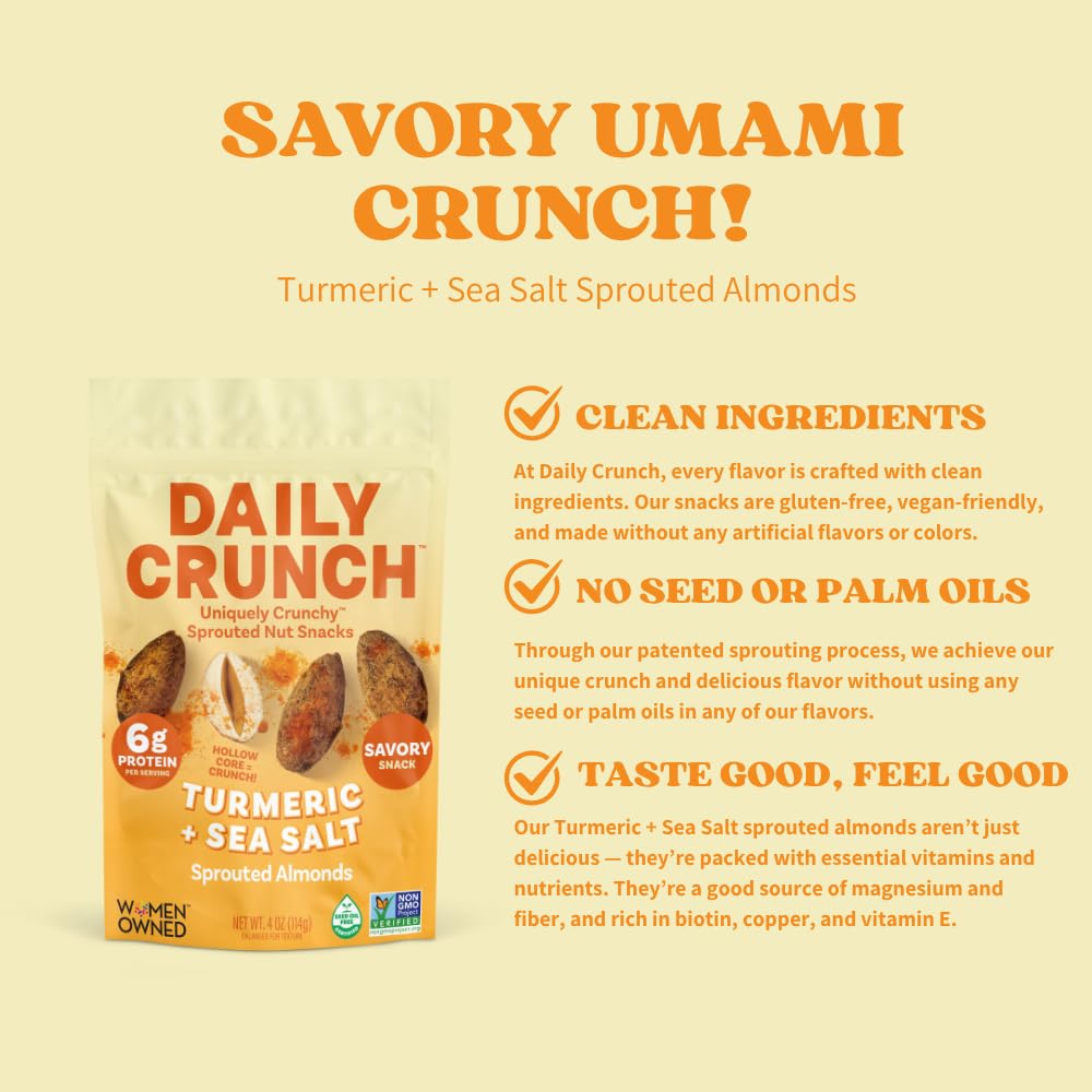 Daily Crunch turmeric sea salt coated almonds with vibrant flavor.