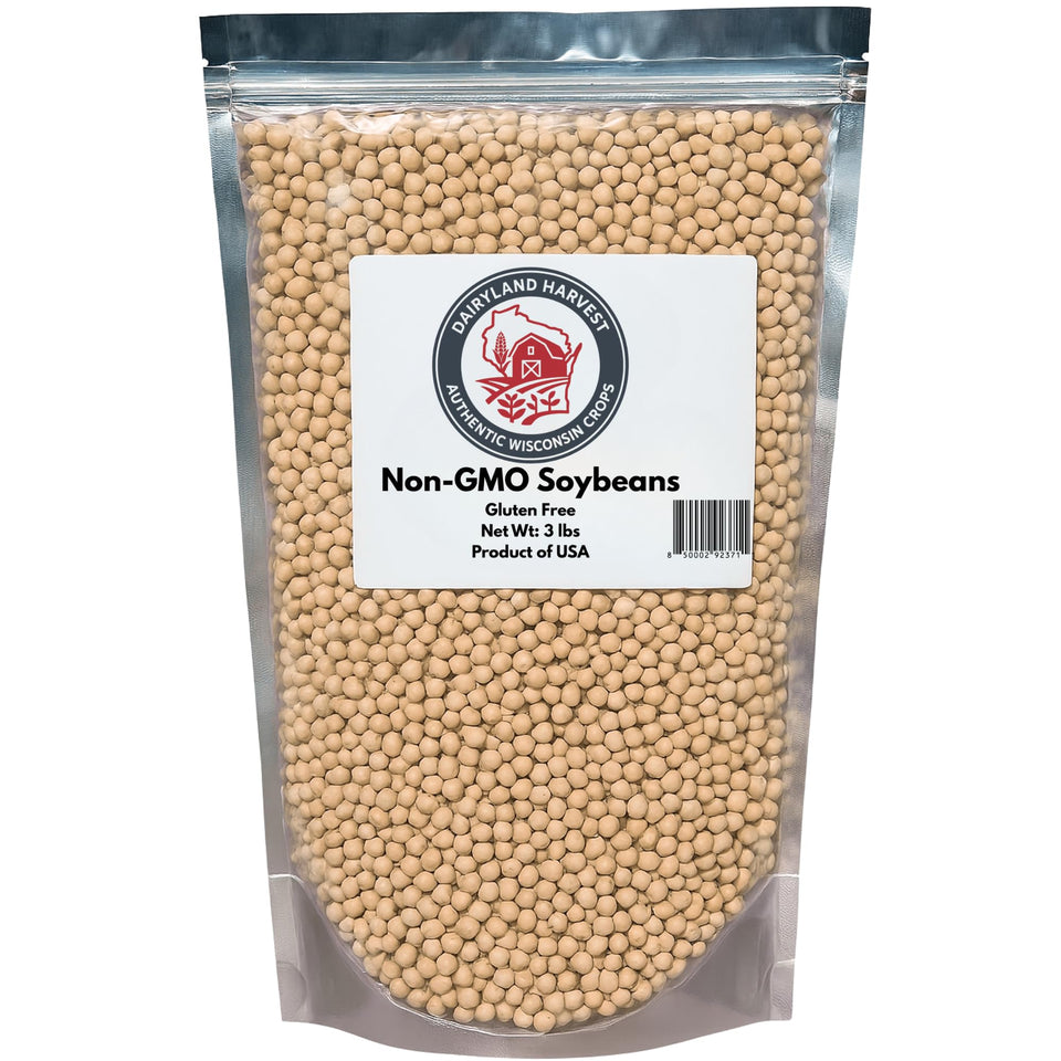 Dairyland Harvest soybeans in a bag, premium whole beans for homemade soy milk.