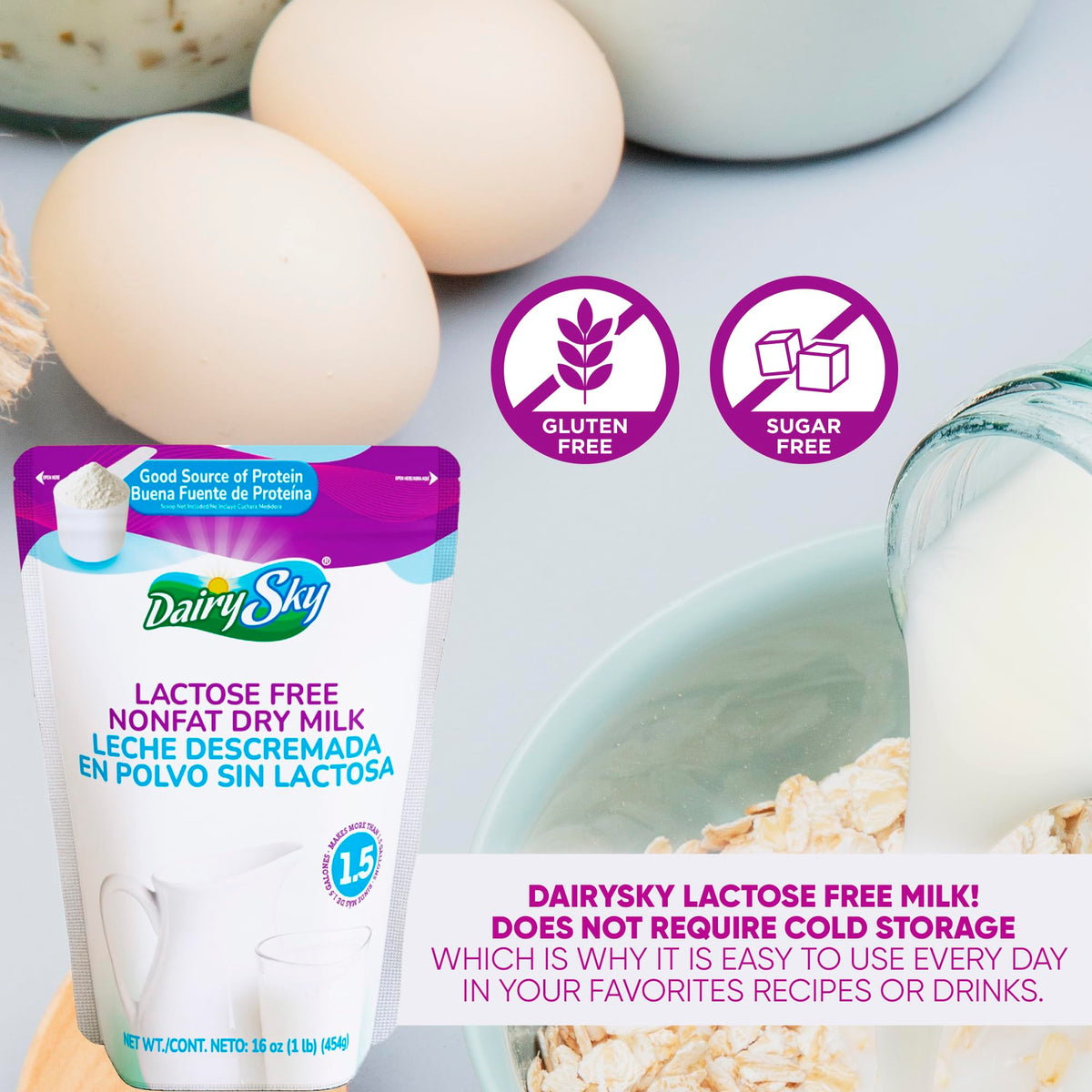 DairySky powder being whisked with water to reveal calcium-rich, protein-packed liquid.