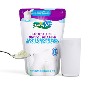 DairySky lactose-free milk powder 16oz pack shot for dairy-free baking and coffee.