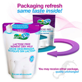 DairySky lactose-free milk powder packaging highlighting shelf-stable, room-temperature storage.