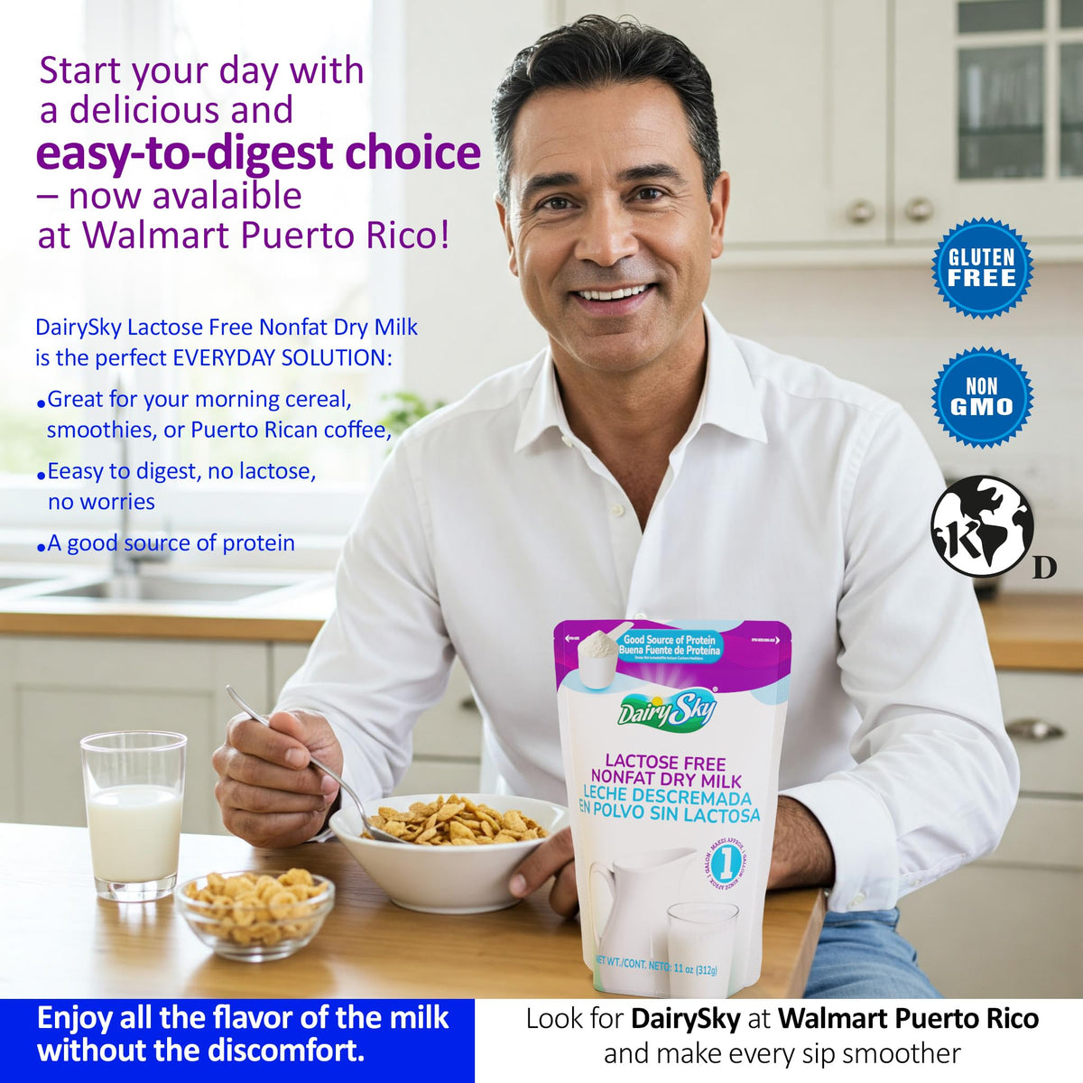 DairySky lactose-free milk powder over cereal bowl highlighting protein and calcium.