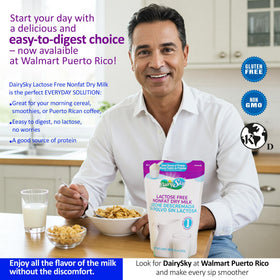 DairySky lactose-free milk powder over cereal bowl highlighting protein and calcium.