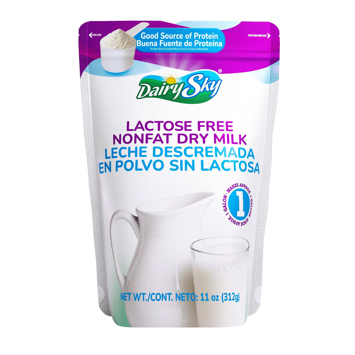 DairySky lactose-free milk powder packaging close-up for lactose-intolerant users.