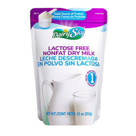 DairySky lactose-free milk powder packaging close-up for lactose-intolerant users.