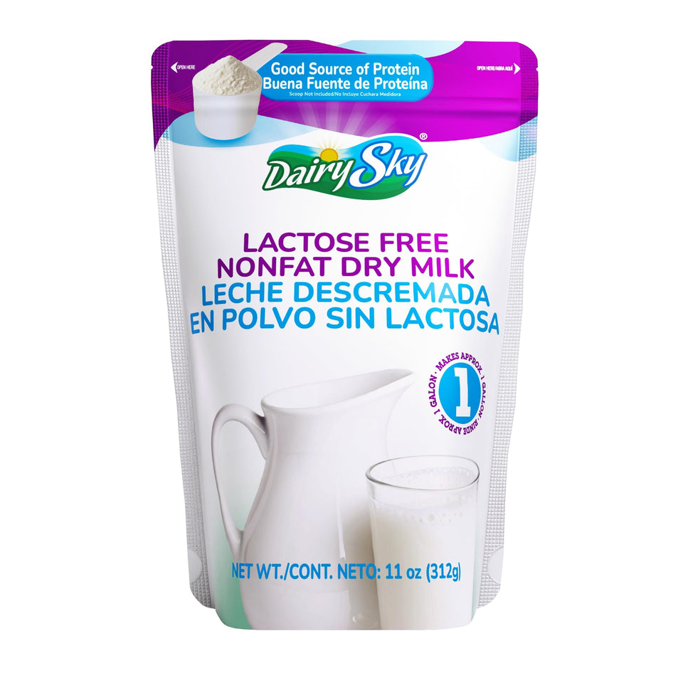 DairySky lactose-free milk powder packaging close-up for lactose-intolerant users.