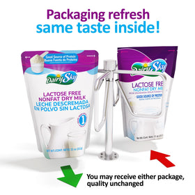DairySky lactose-free powder being poured into coffee for creamy beverage.