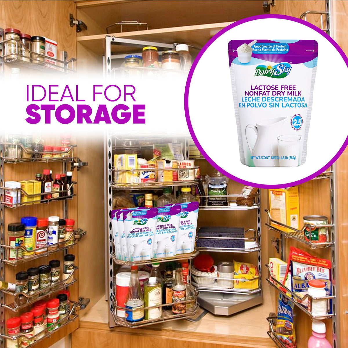DairySky lactose-free milk powder shelf-stable on pantry shelf.