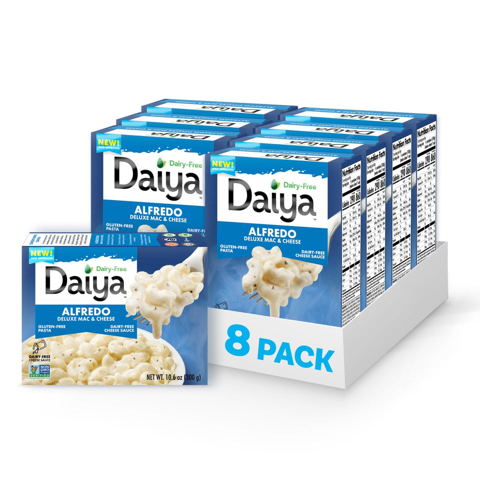 Daiya Alfredo Deluxe packaging showing dairy-free, gluten-free mac and cheese.