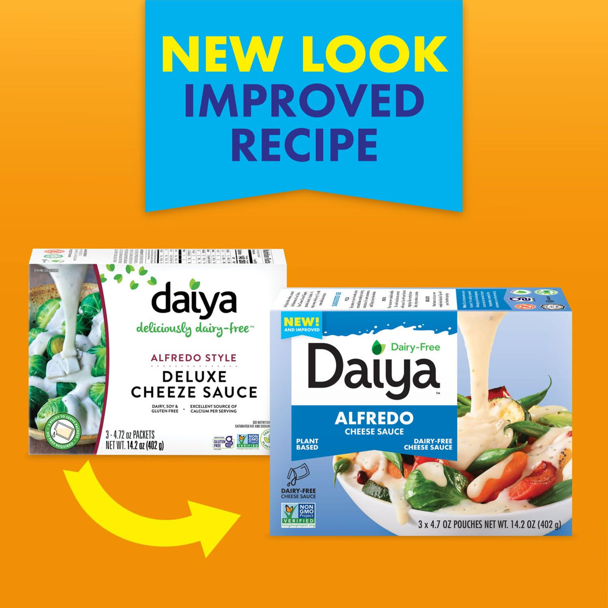 Plant-based Daiya Alfredo sauce ingredients close-up highlight non-GMO features.