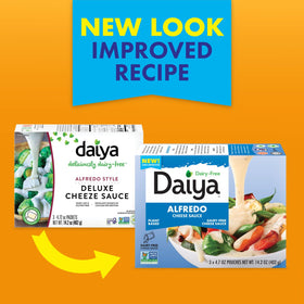 Plant-based Daiya Alfredo sauce ingredients close-up highlight non-GMO features.