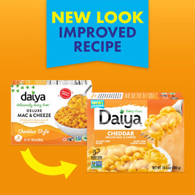 Daiya Cheddar Deluxe Mac plant-based label signals dairy-free, animal-product-free goodness.
