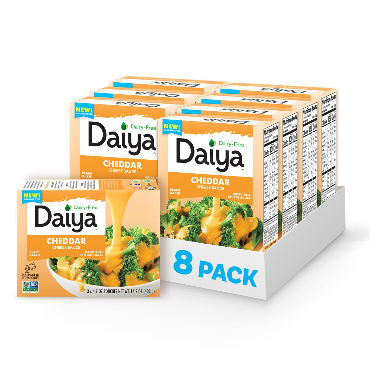 Daiya dairy-free cheddar sauce pack showing convenient squeeze packaging.