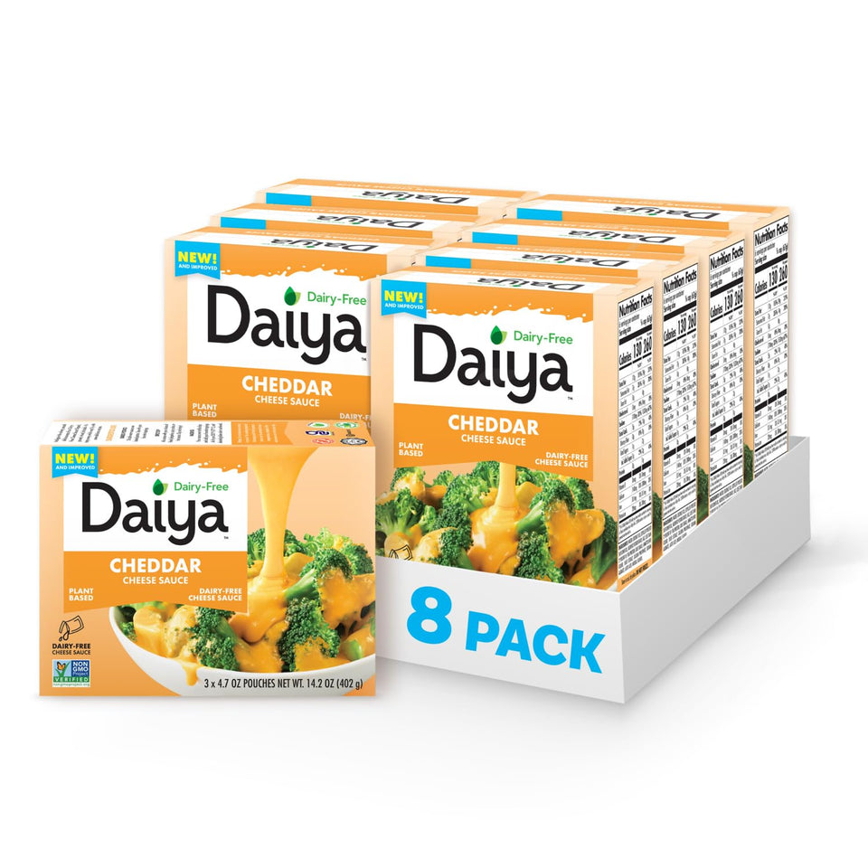 Daiya dairy-free cheddar sauce pack showing convenient squeeze packaging.