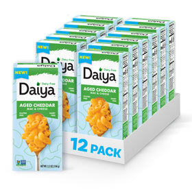 Daiya aged cheddar mac and cheese pack shot shows dairy-free, gluten-free comfort