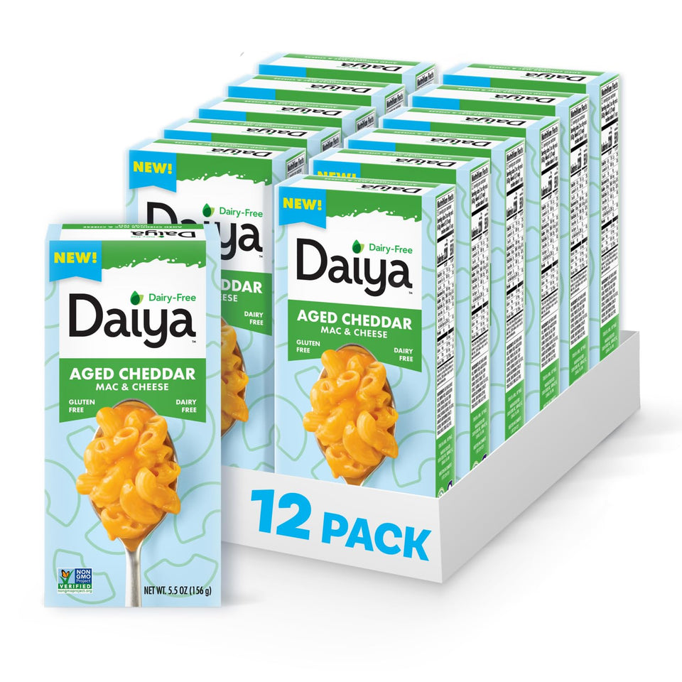 Daiya aged cheddar mac and cheese pack shot shows dairy-free, gluten-free comfort