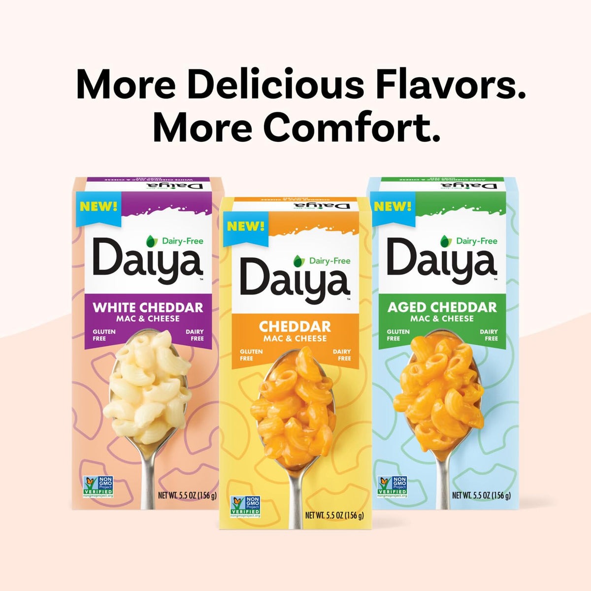 Daiya three cheddar flavor options shown for plant-based variety