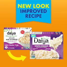 Daiya Deluxe Cheezy Mac packaging label highlighting vegan ingredients.