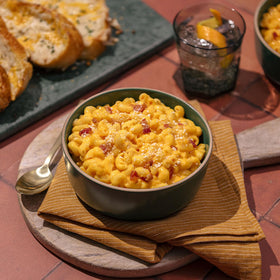 Daiya gluten-free rice pasta bowl with ready-to-eat serving idea.