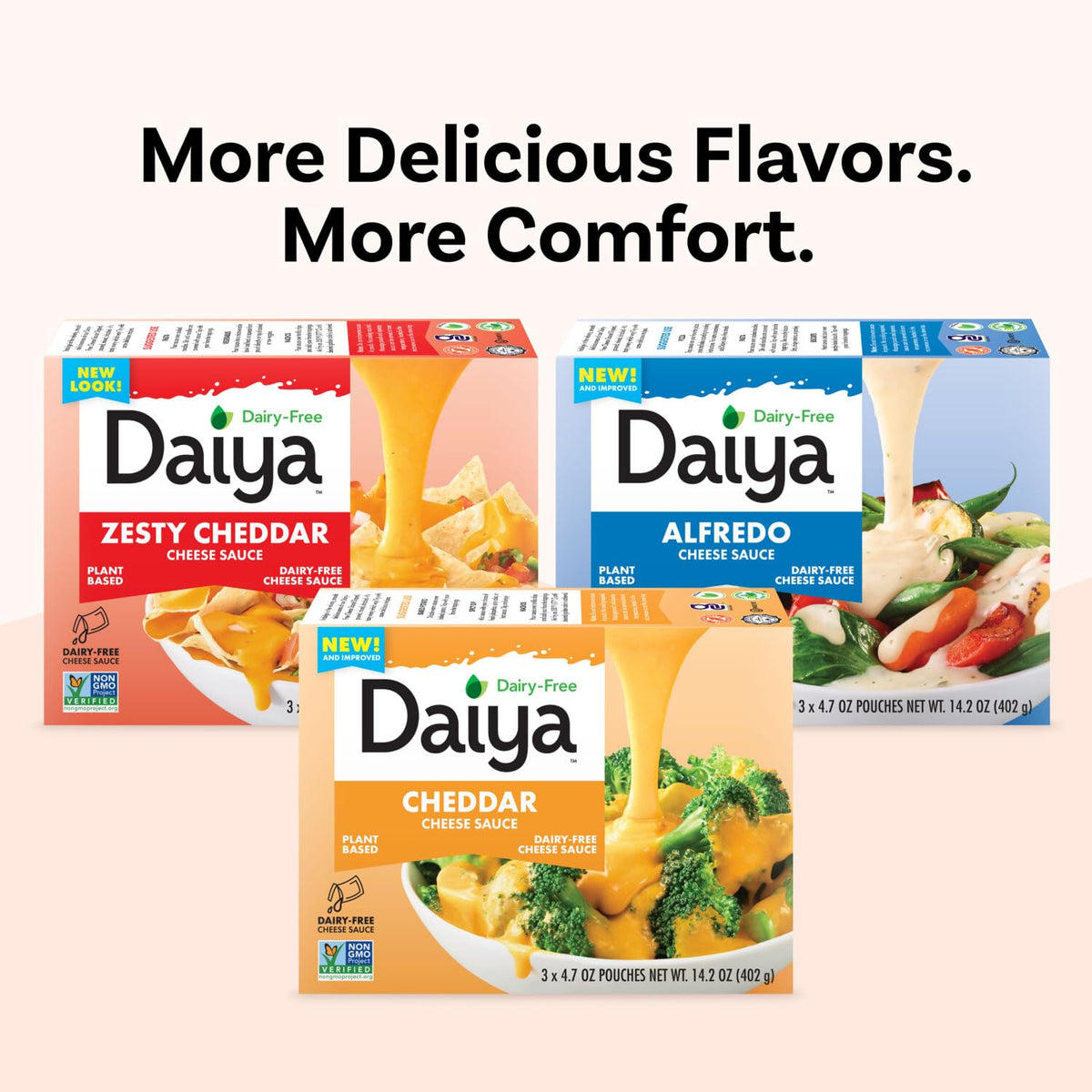 Eight-pack of Daiya Zesty Cheddar Sauce for convenient weeknight meals.