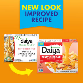 Daiya Zesty Cheddar Sauce on pasta for a rich dairy-free finish.