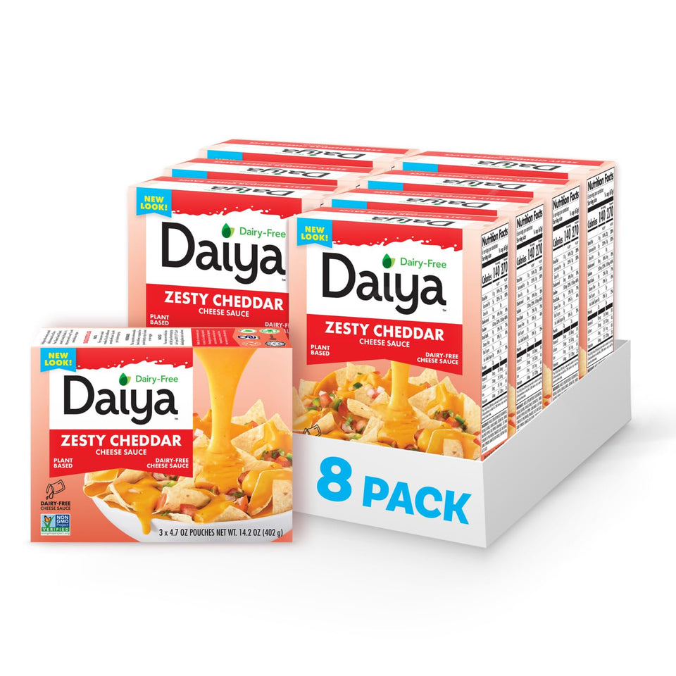 Daiya Zesty Cheddar Sauce in a squeeze pouch for quick, dairy-free servings.
