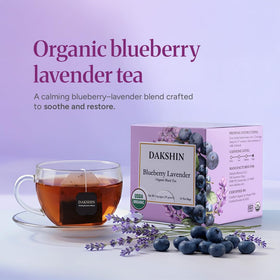 DAKSHIN Organic Blueberry Lavender Tea Bags show a fruity floral aroma for a soothing break