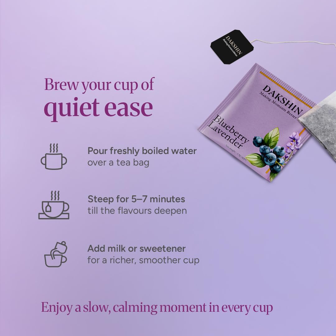 DAKSHIN Tea Sachets with lavender petals create a mindful pause