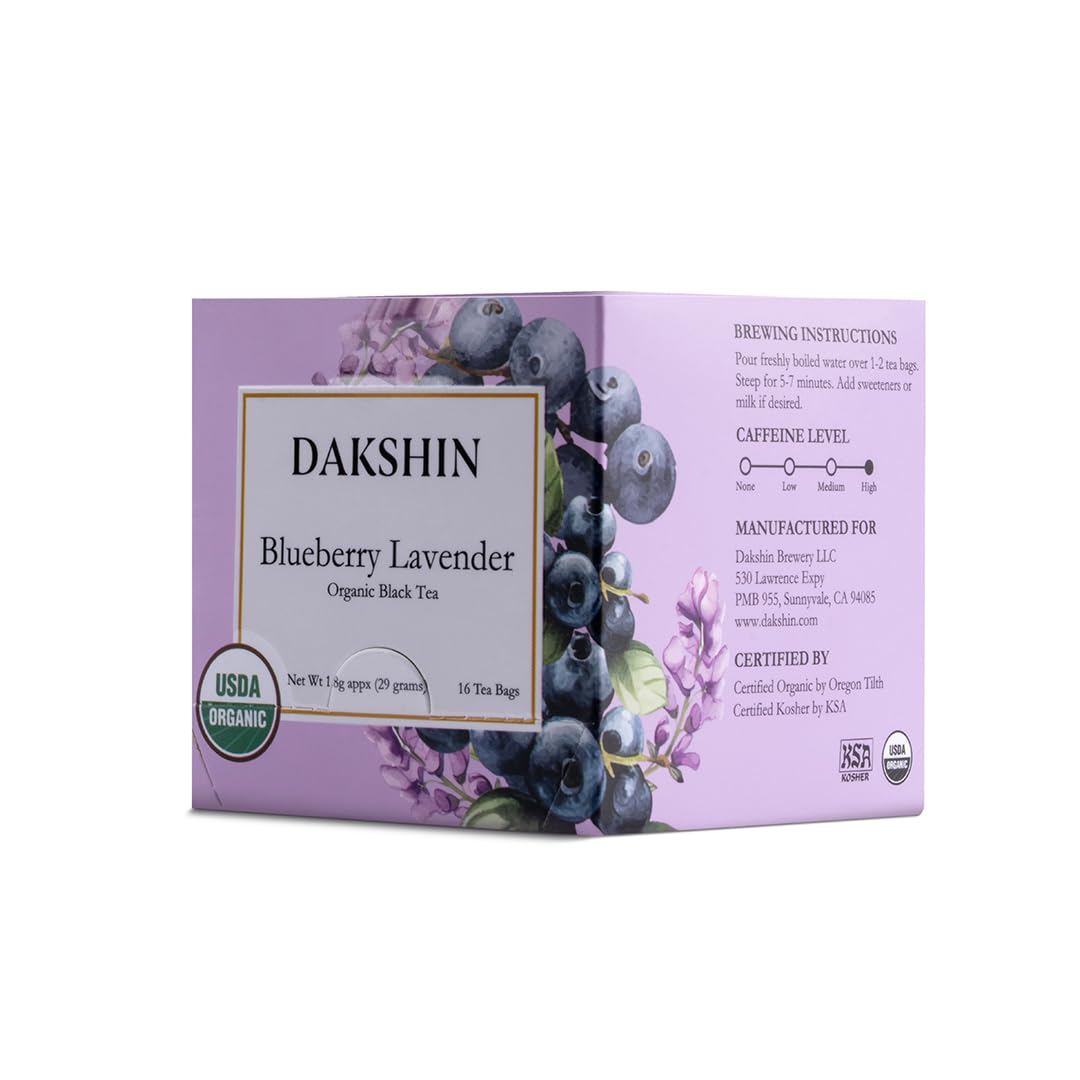DAKSHIN Organic Blueberry Lavender Tea Bags close-up with blueberries and lavender for a calming ritual