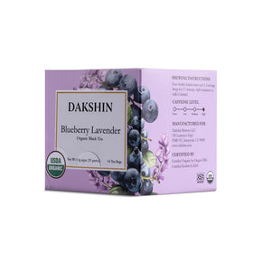 DAKSHIN Organic Blueberry Lavender Tea Bags close-up with blueberries and lavender for a calming ritual