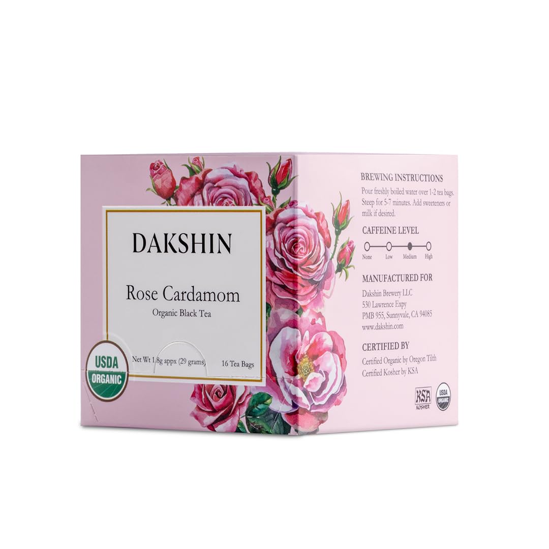DAKSHIN Organic Rose Cardamom Tea Bags in packaging, inviting a fragrant ritual.